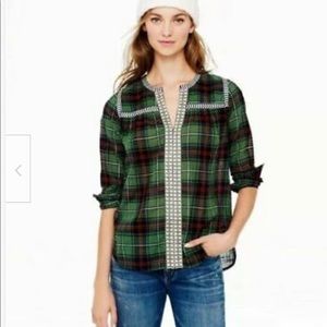 JCrew Green Plaid Blouse w/Embroidered …